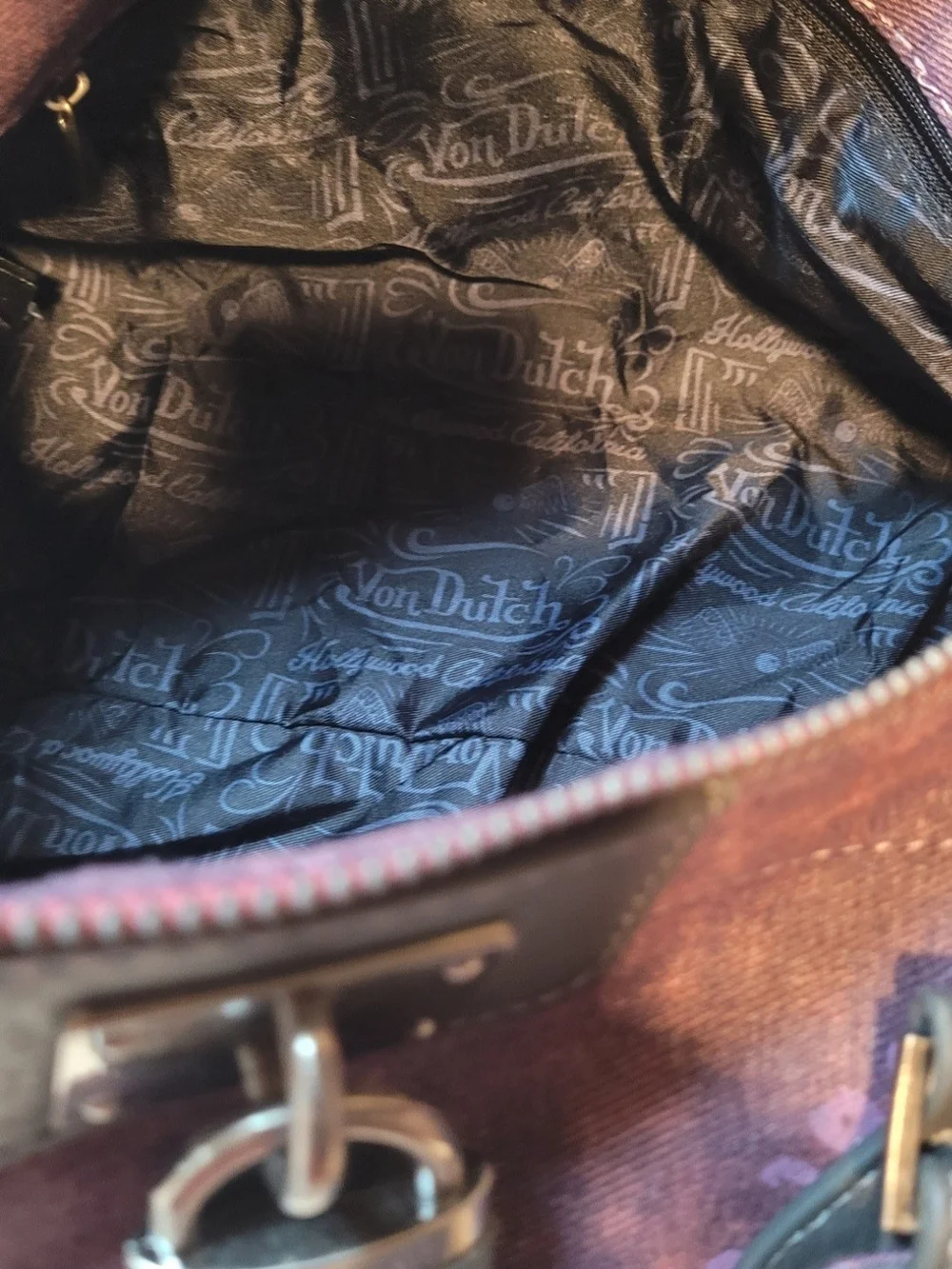 Von Dutch Purple and Pink Satchel with Logo and Bandana-Wrapped Handles